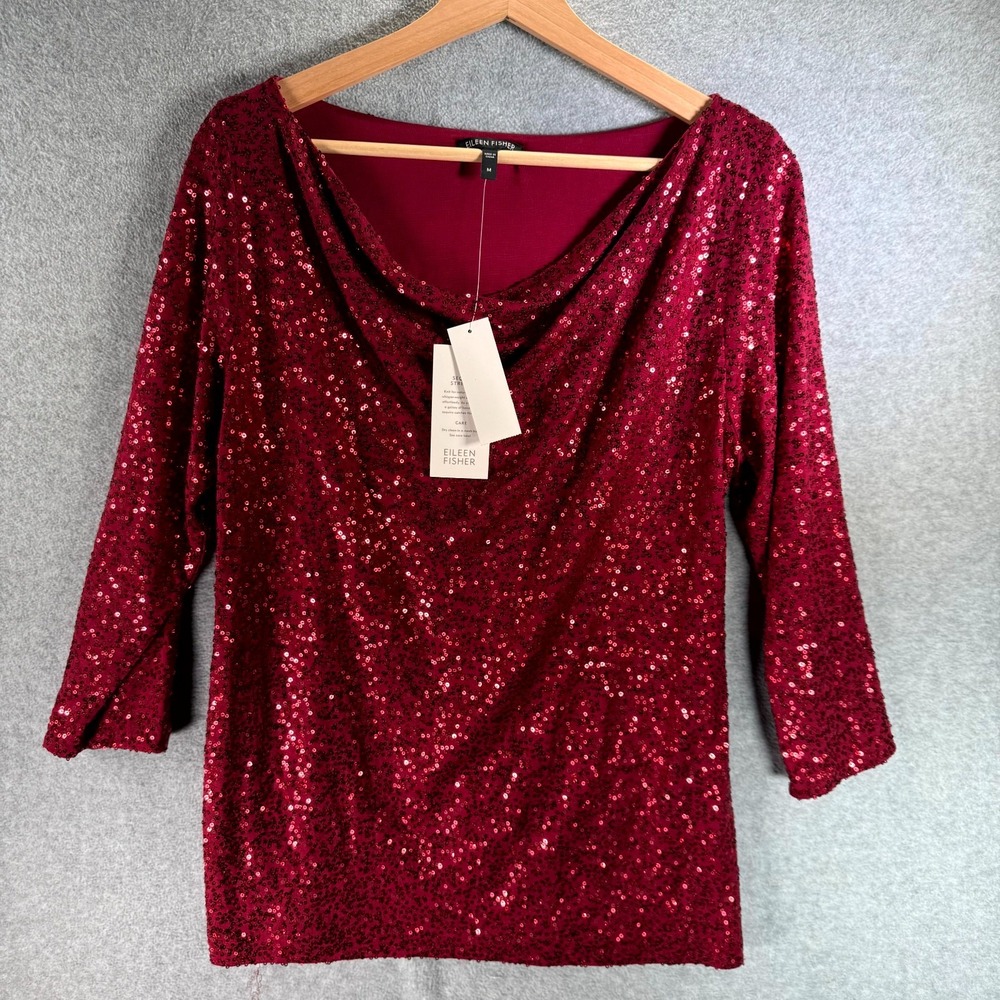 Eileen Fisher Tunic Top Womens Medium Wine Sequin Embellished Drape Cowl Neck‎